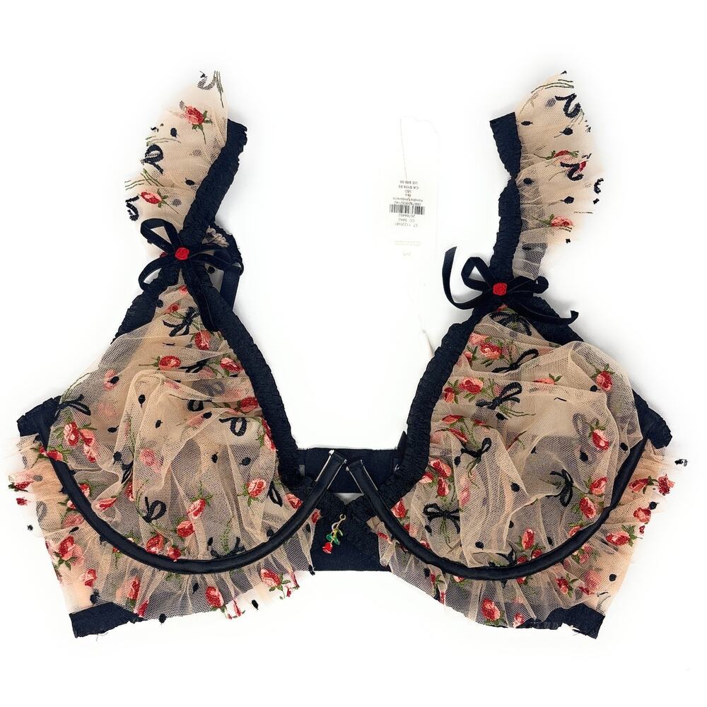 For Love & Lemons Mesh Floral, Bows Sexy Unlined Demi Bra size 38D RP $99